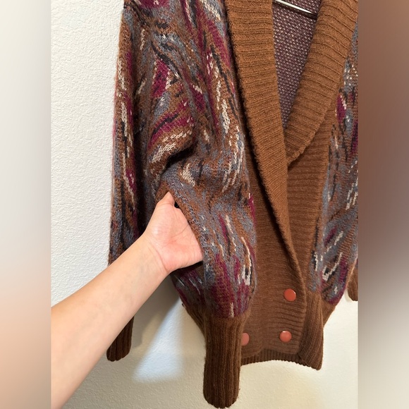 🧥 VINTAGE 🧥 MIXAGE Mohair Wool Button Sweater Brown Pattern Double-Breasted - Picture 7 of 13